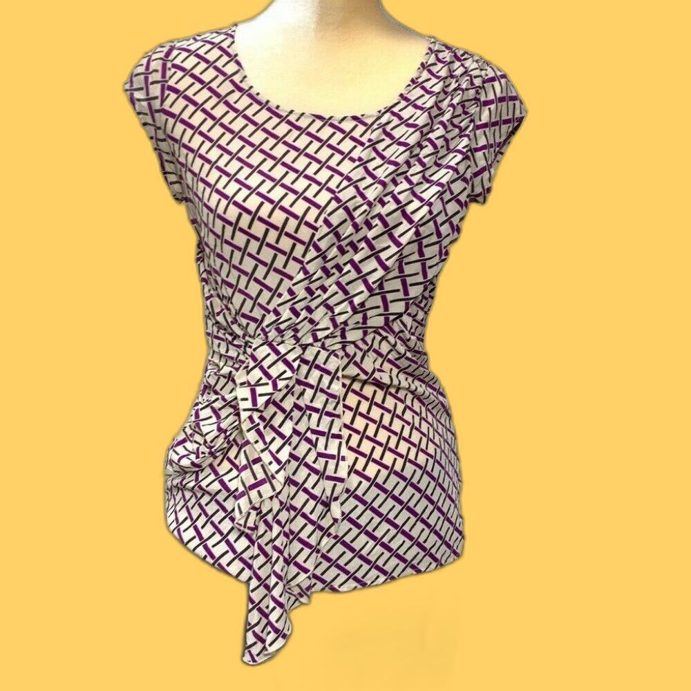 Anthropologie Women’s Purple cream Silk Faux Wrap Blouse Short Sleeve Boho Top